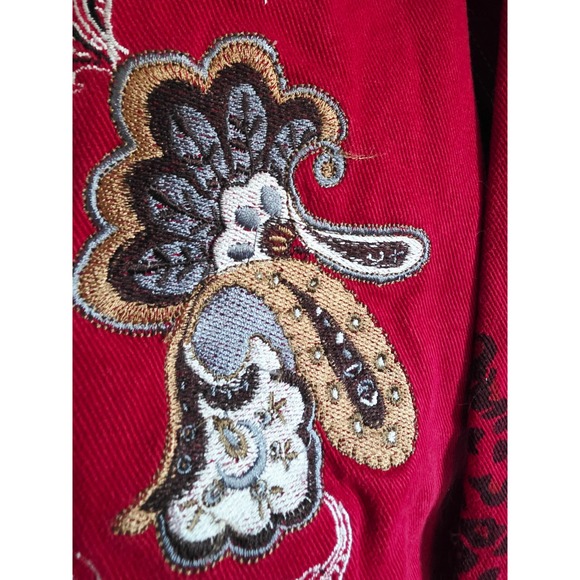 Denim & Co 2X Red Y2K Embroidered Jean Jacket Animal Print Button Boxy Western - Picture 10 of 14